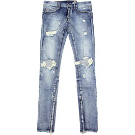 mnml ミニマル M1 STRETCH DENIM BLUE クラッシュ ダメージジーンズ ダメージ デニムパンツ ストレッチ デニム スキニー スキニージーンズ ジーンズ メンズ ジップ付 サイドジッパー サイド ジッパー 裾ジップ ZIP インポート ブランド ストリート ファッション ★Re