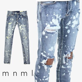 mnml ミニマル M1 STRETCH DENIM SPLASH クラッシュ ダメージジーンズ ダメージ デニムパンツ ストレッチ デニム スキニー スキニージーンズ ジーンズ メンズ ジップ付 サイドジッパー サイド ジッパー 裾ジップ ZIP インポート ブランド ストリート ファッション ★Re