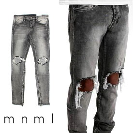 【40%OFF】 mnml ミニマル M1 STRETCH DENIM GREY クラッシュ ダメージジーンズ ストレッチ デニム スキニー スキニージーンズ ジーンズ メンズ ジップ付 サイドジッパー サイド ジッパー 裾ジップ ZIP インポート ブランド ストリート ファッション