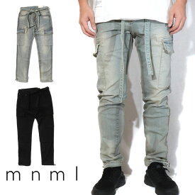 【20%OFF】 mnml ミニマル DENIM CARGO PANTS カーゴ デニム ジーンズ ダメージ デニムパンツ ストレッチ デニム スキニー カーゴパンツ ジーンズ ブラック メンズ ドローコード ベルトひも ワイドパンツ ブランド ストリート