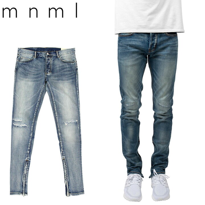 楽天市場 Off Mnml ミニマル M34 Denim Blue クラッシュ ダメージジーンズ ダメージ デニムパンツ デニム スキニー スキニージーンズ ストレッチ ジーンズ メンズ ジップ付 サイドジッパー サイド ジッパー 裾ジップ Zip インポート ブランド ストリート