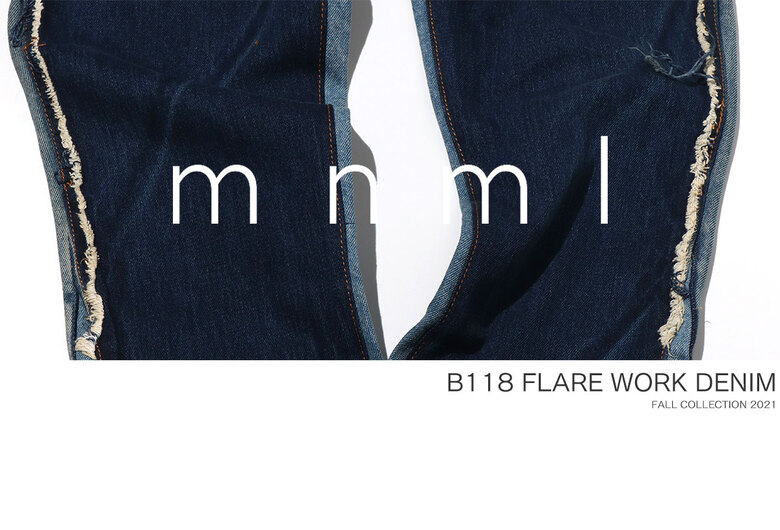 楽天市場】mnml ミニマル B118 FLARE WORK DENIM BLUE フレア フレア