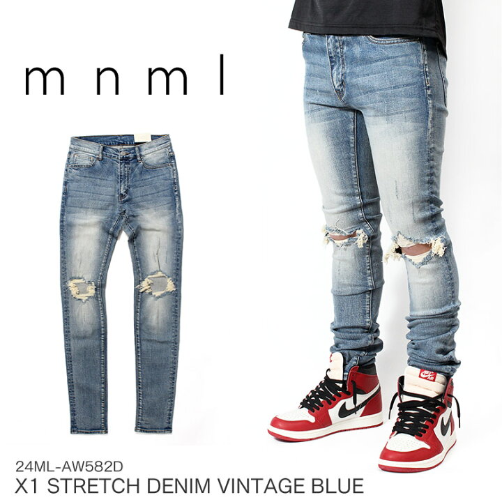 楽天市場】mnml ミニマル X1 STRETCH DENIM VINTAGE BLUE クラッシュ 