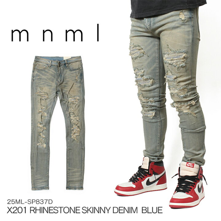 楽天市場】mnml ミニマル X201 RHINESTONE SKINNY DENIM BLUE スキニー 