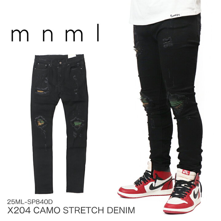 楽天市場】mnml ミニマル X204 CAMO STRETCH DENIM BLACK スキニー 