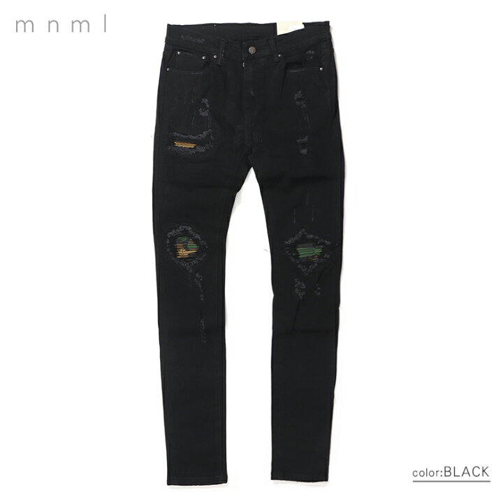 楽天市場】mnml ミニマル X204 CAMO STRETCH DENIM BLACK スキニー 