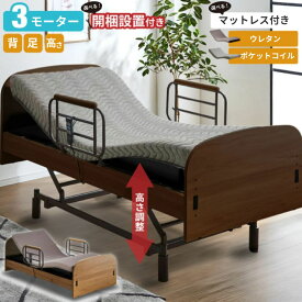 【選べる開梱設置】 電動ベッド 3モーター 介護ベッド ローザン シングル フレーム＋ポケットコイル ウレタン マットレスセット 手すり付き 高さ調節 キャスター無 リクライニングベッド 介護ベット 家庭用介護ベッド リモコン式 フラット