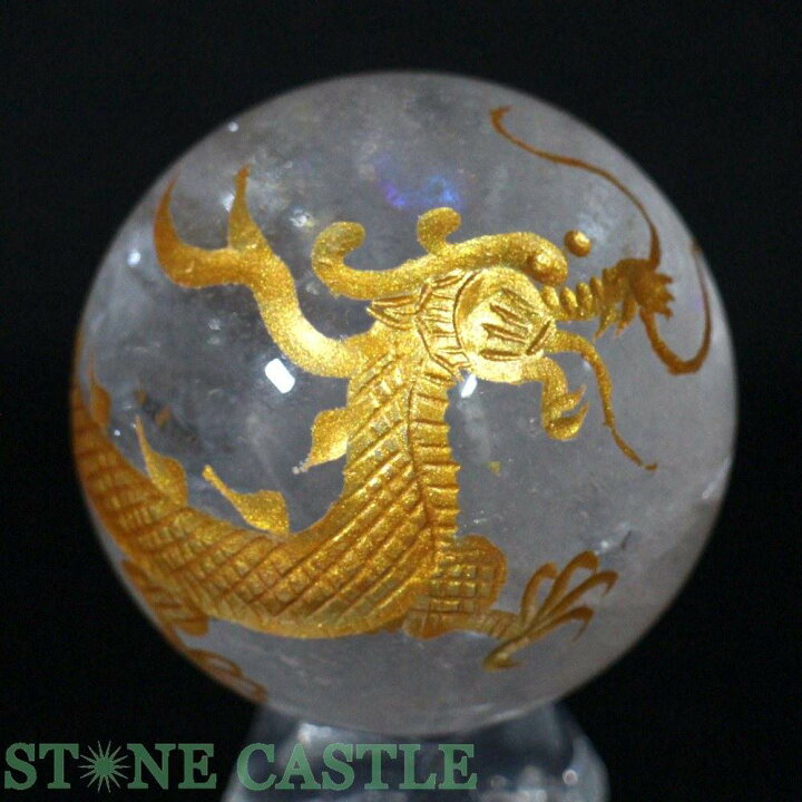 楽天市場】☆一点物☆【彫刻置物】丸玉 レインボー水晶 青龍 (金彫り 