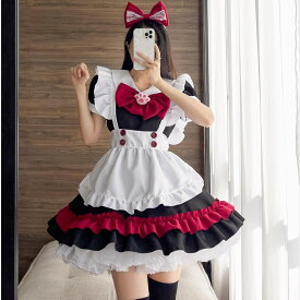 「着後レビューで特典」★ メイド 服 ショート丈 黒白 豪華 8点 セット かわいい メイド エプロン メイドコスチューム ロング 仮装 コンカフェ パーティー 大人 男女兼用 S