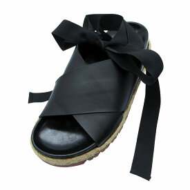 MARNI マルニ レザー クロス フラット サンダル リボン レースアップ エスパドリーユ フスベット 37 23.5cm 黒 レディース 【中古】