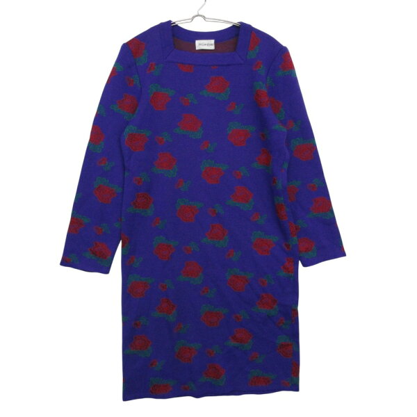 YVES SAINT LAURENT イヴ・サンローラン ワンピース スクエアネック ニット フラワープリント 長袖 ひざ丈 パープル M レディース 【中古】
