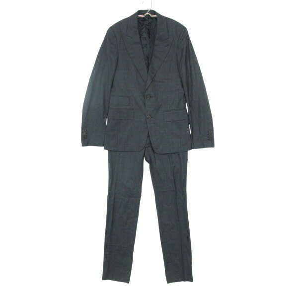 PRADA プラダ スーツ セットアップ チェック柄 シングル2B ピークドラペル ジャケット ノータックパンツ フライボタン グレー  44R【S】 メンズ 【中古】