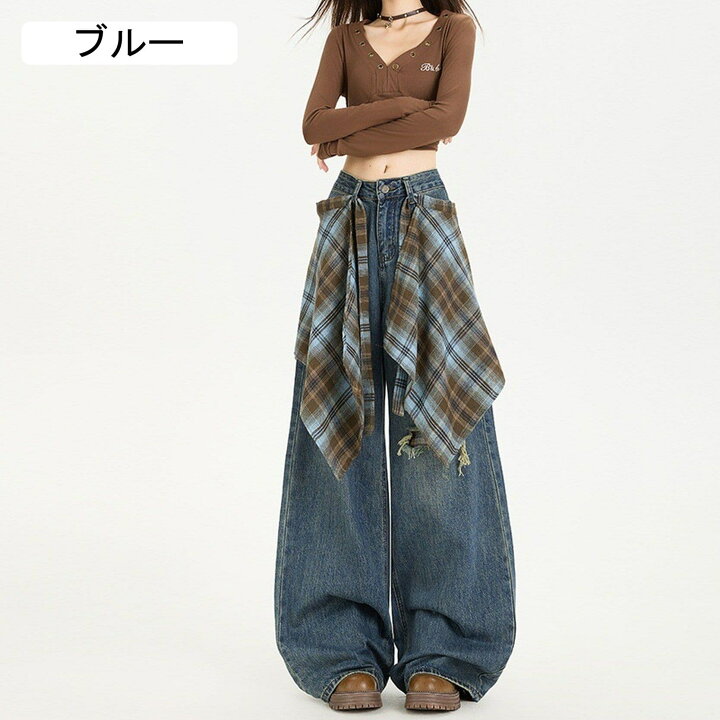 楽天市場】ワイドパンツ デニム レディース ジーンズ チェック柄 
