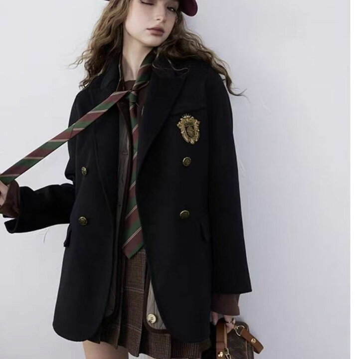 テーラードジャケット レディース JK制服 ブレザー スクールブレザー ダブルボタン 金ボタン エンブレム ワッペン付き 女子高生 フォーマル 入学式 卒業式 通学 スリム 着痩せ 春 秋 学院風 カ Nartooston
