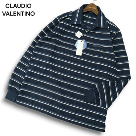 新品 未使用★ CLAUDIO VALENTINO クラウディオ バレンチノ ロゴ刺繍 長袖 鹿の子 ボーダー ポロシャツ Sz.L メンズ 紺