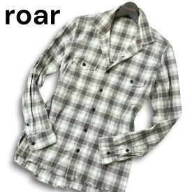 roar ロアー 通年 バック 刺繍★ 裾カットオフ 長袖 ワーク チェック シャツ Sz.2 メンズ 灰 グレー 日本製