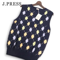 【新品 未使用】 J.PRESS ジェイプレス 通年★ アーガイル キーネック コットン ニット ベスト Sz.L メン…