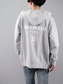 [国内正規取り扱い店] Balmain Homme / バルマン オム / Grey cotton sweatshirt with white Balmain Paris logo / グレー コットン スウェットシャツ ウィズ バルマン パリ ロゴ パーカー ジップ (グレー)