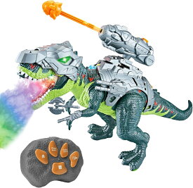 ラジコン恐竜 ティラノサウルス おもちゃ 【武器装着 7色噴霧 歩行 咆哮】 木製ラジコンカー リモコン操作 男の子向け 誕生日クリスマスプレゼント ギフト