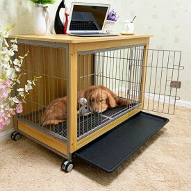 犬ケージ ペットケージ 木製 ウッディサークル ナチュラルファニチャー ダークブラウン トレー付き 移動便利 オシャレ 犬サークル　大型犬ケージ　中型犬ケージ キャスター付き 98×64×76.5cm