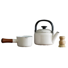 富士ホーロー ナチュール 3点セット ホワイト レッド ホーロー 新生活 調理器具セット ミルクパン ケトル パームブラシ 【 片手鍋 やかん ホーロー鍋 セット 琺瑯 ほうろう 白 赤 新生活応援 福袋 】