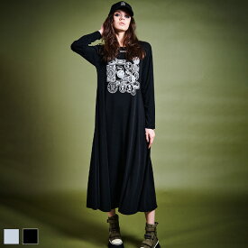 《 ランダム パッチ プリント ドレス ブラック 》 COOLA クーラ ワンピース ワンピ ロング丈 ロングワンピース ロングワンピ ワッペン ロゴ 長袖 カットソー ロンT フレア フレアシルエット おしゃれ レディース カジュアル ストリート スポーティ レディースファッション