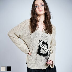 《 フラッグ C Vネックローゲージニット ベージュ 》 COOLA クーラ ワッペン ロゴ エンブレム ニット TOPS トップス ニットトップス 透け感 ルーズシルエット ハート 長袖 おしゃれ レディース カジュアル ストリート スポーティ レディースファッション モード きれいめ