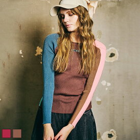 【 SALE / 50%OFF 】《 COOLA スイッチング TOPS ブラウン 》 クーラ トップス TOPS ニット ニットトップス タイト 配色 カラフル ロゴ ワッペン カラフルニット インナー 伸縮性 おしゃれ レディース カジュアル ストリート レディースファッション モード きれいめ