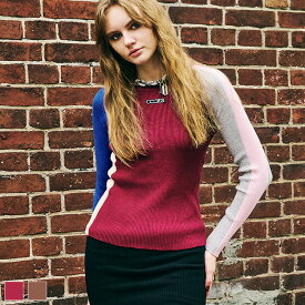 【 SALE / 50%OFF 】《 COOLA スイッチング TOPS バーガンディー 》 クーラ トップス TOPS ニット ニットトップス タイト 配色 カラフル ロゴ ワッペン カラフルニット インナー 伸縮性 おしゃれ レディース カジュアル ストリート レディースファッション モード きれいめ
