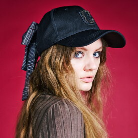 直営限定ITEM《 ビジュー チェック リボン CAP ブラック 》 COOLA クーラ 雑貨 帽子 ヘッドウェア HEADWEAR キャップ ベースボールキャップ キラキラ C ロゴ ワッペン 綿 刺繍 おしゃれ レディース カジュアル ストリート スポーティ モード きれいめ メンズライク