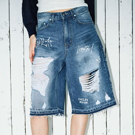 《 ペイント ダメージ デニム ハーフ パンツ 》 COOLA クーラ ハーフパンツ デニムパンツ ボトムス BOTTOMS PANTS ロゴ ワイドシルエット ユニセックス おしゃれ レディース レディースファッション カジュアル スポーティ ストリート キレイめ モード デイリー メンズ