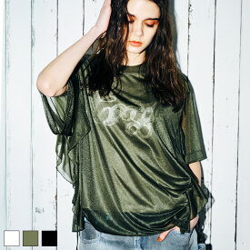《 サイド フリル シフォン レイヤード TOPS カーキ 》 COOLA クーラ トップス 半袖 Tシャツ ティーシャツ デザインTシャツ シアー 透け感 ロゴ プリント グリッター ドロスト レイヤード おしゃれ レディース レディースファッション カジュアル ストリート スポーティ