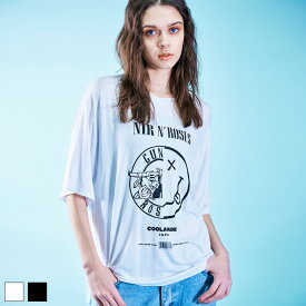 【 SALE / 50%OFF 】《 バンド ロゴ ソフト プリント ルーズ Tシャツ ホワイト 》 COOLA クーラ トップス TOPS ティーシャツ 半袖 七分丈 ロック ROCK レーヨン ルーズシルエット おしゃれ レディース カジュアル キレイめ スポーティ ストリート モード カットソー