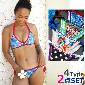 【セール特価 水着 レディース オフショル ビキニフラワー 水玉 ホルターネック ブランケットステッチ S M L 三角ブラ セクシー 大人 女の子 上下セット 2点セット リボン セレブ かわいい S M L パット 入れ替え可