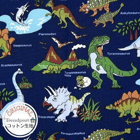 恐竜柄 生地 綿オックス 恐竜ワールド ネイビー 入園入学 ハンドメイド 手作りバッグ巾着 子供 10cm単位 日本製
