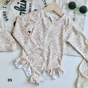 キッズ 水着 女の子 長袖 オールインワン スイムキャップ 2点セット お洒落 子ども ベビー ジュニア 90 100 110 120 130 海 プール ビーチ リゾート 夏 温泉 ハイネック 幼稚園 保育園 小学生 露出