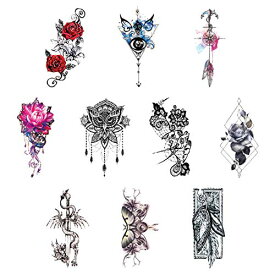 HAMILO タトゥーシール ファッションタトゥー ボディシール 刺青 薔薇 花 羽根 竜 蝶 (10枚セット) 約114×210mm