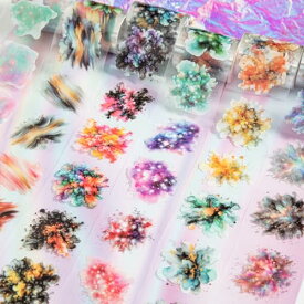 Zolarkar シール コラージュ 素材 6巻 防水 墨染水彩切りシール 花 フレークシール 透明 粘着 PET コラージュ シール 50MM 幅×2M 長