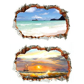 Felimoa ウォールステッカー ビーチ 海 砂浜 夕焼け 船 PVC製 2種セット
