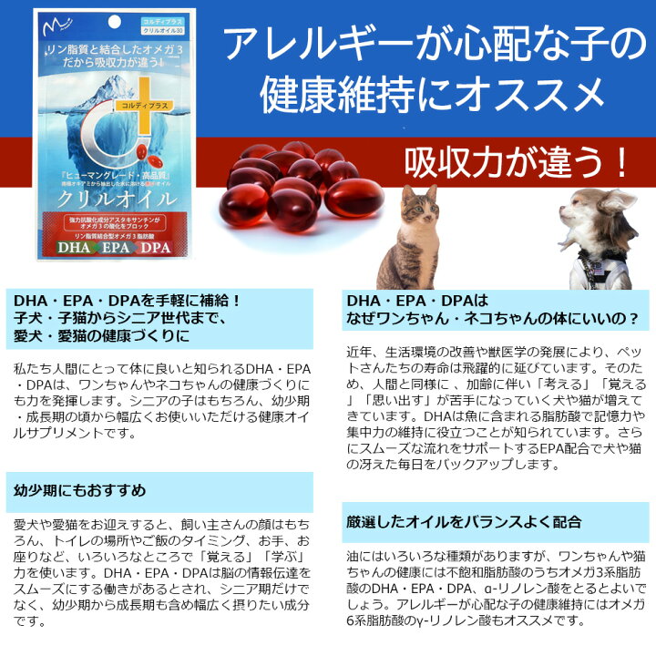 楽天市場 犬用 猫用 サプリ 犬 猫 サプリメント Epa Dha オメガ3 オイル 脂肪酸 Omega3膝 ひざ 関節 背骨 腰 心血管 脳 皮膚 を健康に保つ ペット用 兎 うさぎ アスタキサンチン きびきび 散歩 階段 クリルオイル30粒 人とペットのサプリ専門店モノリス