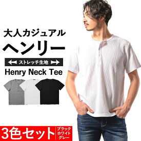 tシャツ メンズ 半袖 ヘンリーネック M L LL ストリート 無地 ストレッチ ワッフル 30代 40代 50代 男性ファッション カジュアル オシャレ パパ 休日着 イケメンパパ カッコいい おじさん 服イケオジ カジュアル 白 黒 グレー【3枚セット】 無地T【chset】