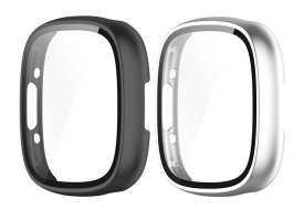 Fitbit Sense 2/Versa 4用ケース カバー 2個セット PC+強化ガラスフィルム 9H硬度 一体型保護ケース 耐衝撃 全面保護 アクセサリー (ブラック+シルバー)