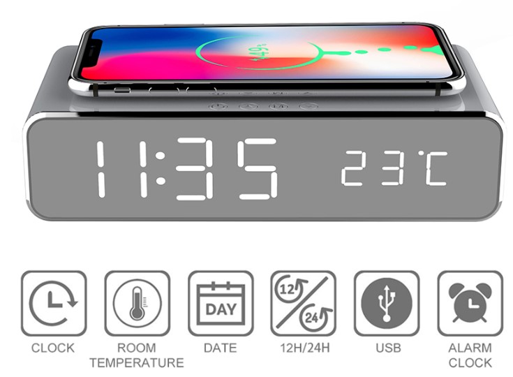 スマホ ワイヤレス 充電器 多機能 アラーム アンドロイド iPhone 充電 時計 時間 室内温度 目覚まし時計 IOS Android Windows