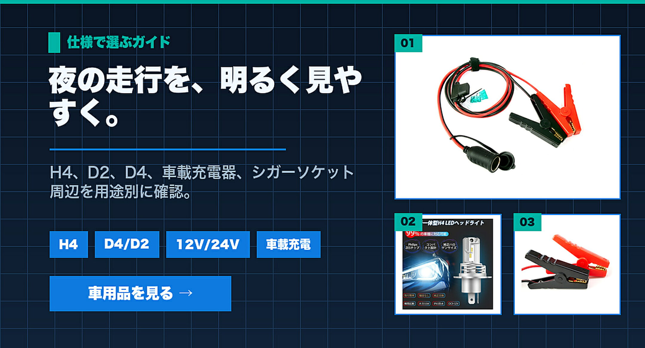 車・バイク用LEDヘッドライト特集 夜の走行を、明るく見やすく。 H4,D4/D2,12V/24V,車載充電