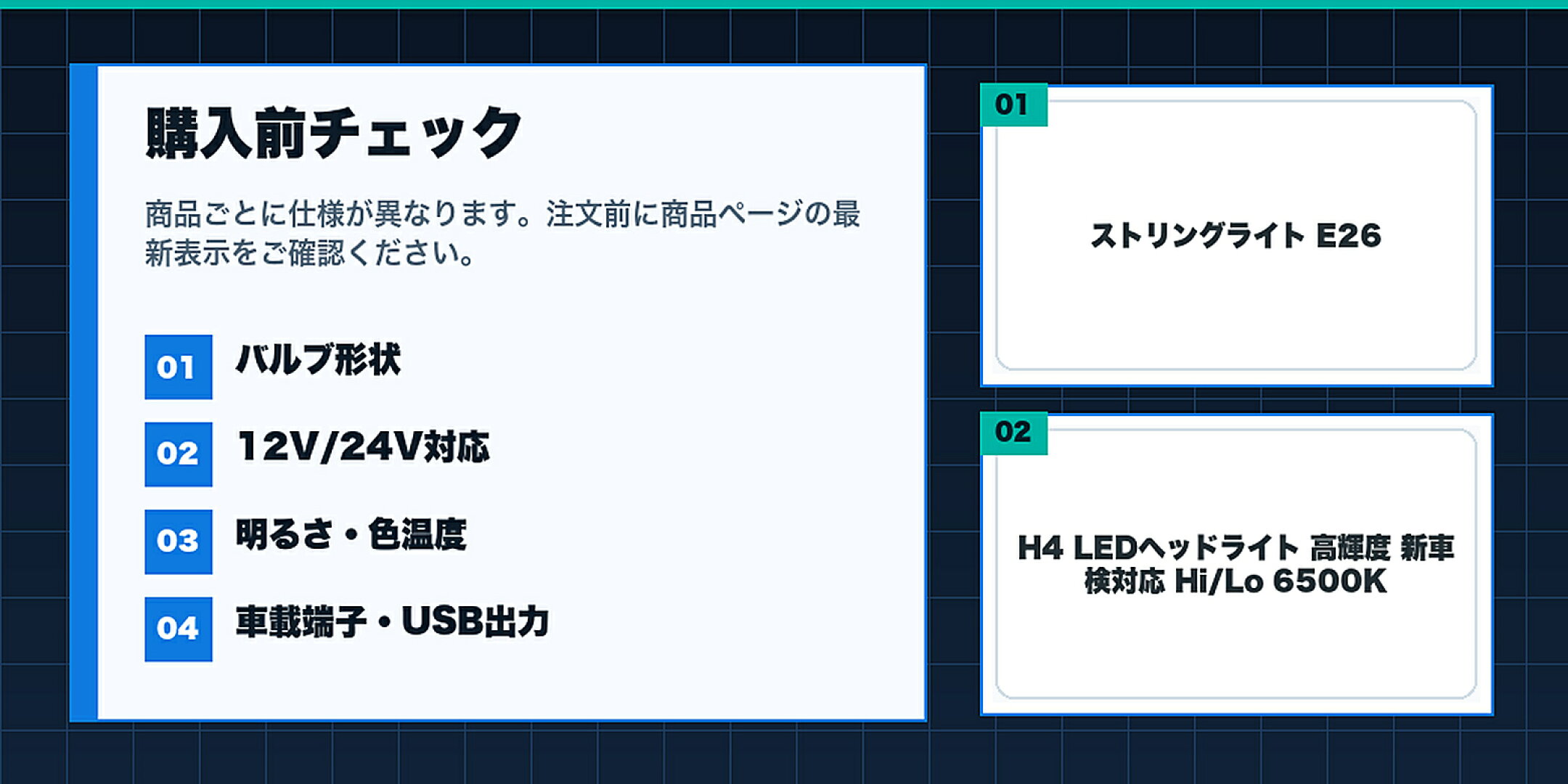 車・バイク用LEDヘッドライト特集購入前にバルブ形状,12V/24V対応,明るさ・色温度,車載端子・USB出力を確認するチェックリスト