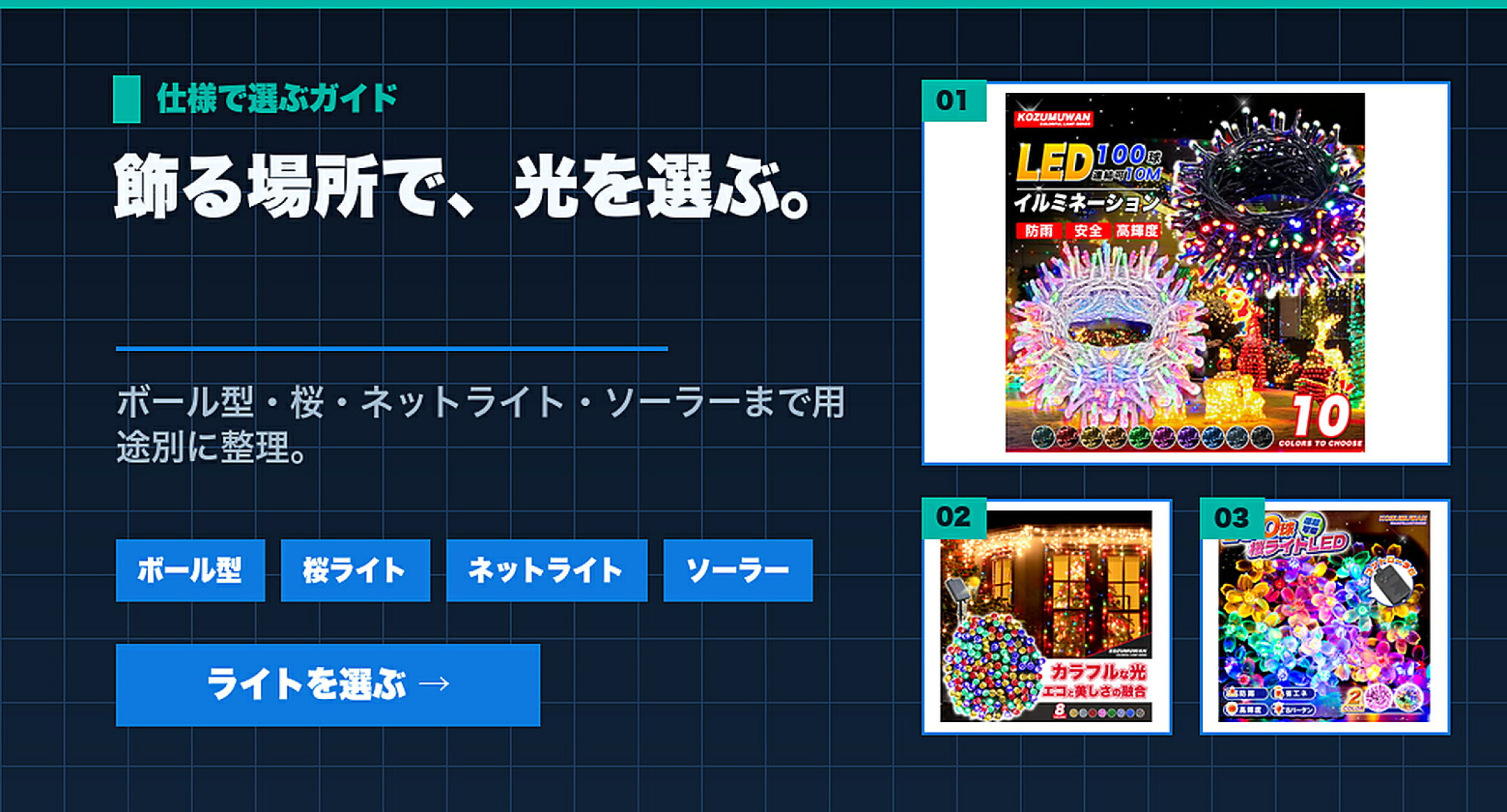 LEDイルミネーションライト特集 飾る場所で、光を選ぶ。 ボール型,桜ライト,ネットライト,ソーラー