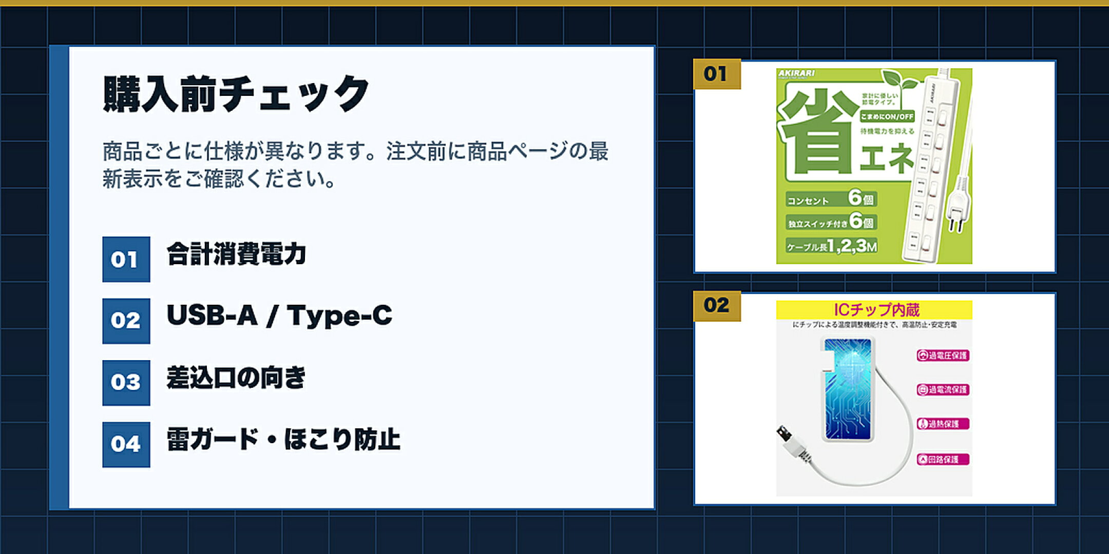 整ったワークスペースで選ぶ電源タップ特集購入前に合計消費電力,USB-A / Type-C,差込口の向き,雷ガード・ほこり防止を確認するチェックリスト