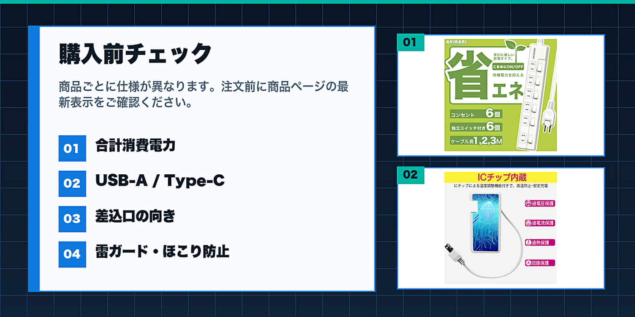 電源タップ・USB充電タップ特集購入前に合計消費電力,USB-A / Type-C,差込口の向き,雷ガード・ほこり防止を確認するチェックリスト