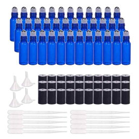 30個セット5mlロールオンアロマボトル 青色カラスアロマ瓶 黒い蓋 10本プラスチックスポイトと4個漏斗付 アロマオイル用 香水用瓶 ミニボトル アロマオイル小分けボトル