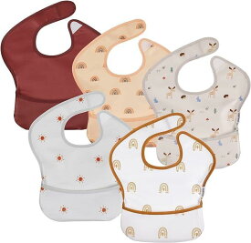 [GLLQUEN BABY] 食事エプロン 離乳食 保育園 5点セット ベビー 子供 汚れ防止 フリーサイズ 防水 洗濯機可能 調節可能 BPAとフタル酸塩なし 旅行に最適 防水お食事